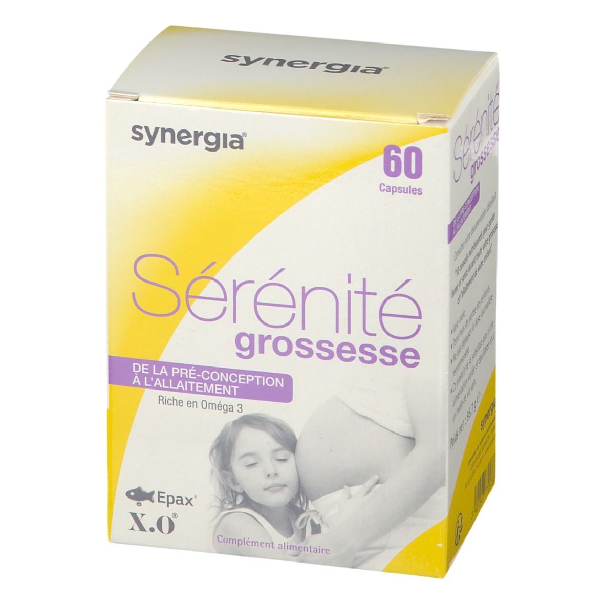 Boîte Sérénité Grossesse. Design jaune et blanc. 60 capsules. Illustration femme enceinte et enfant. Synergia.