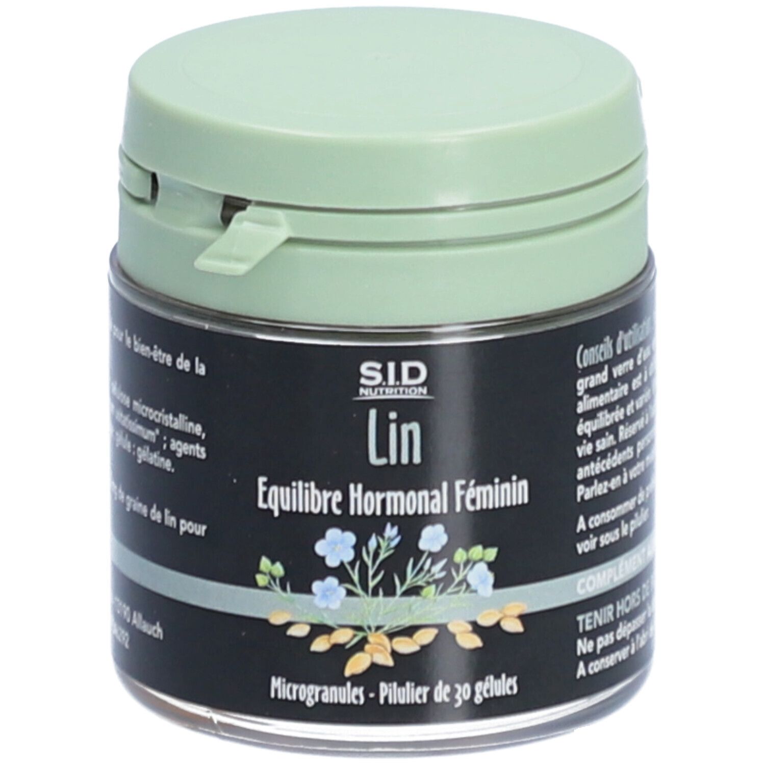 Dose mit grünem Deckel. Aufschrift: SID Nutrition, Lin, Équilibre Hormonal Féminin. 30 Mikrokapseln.