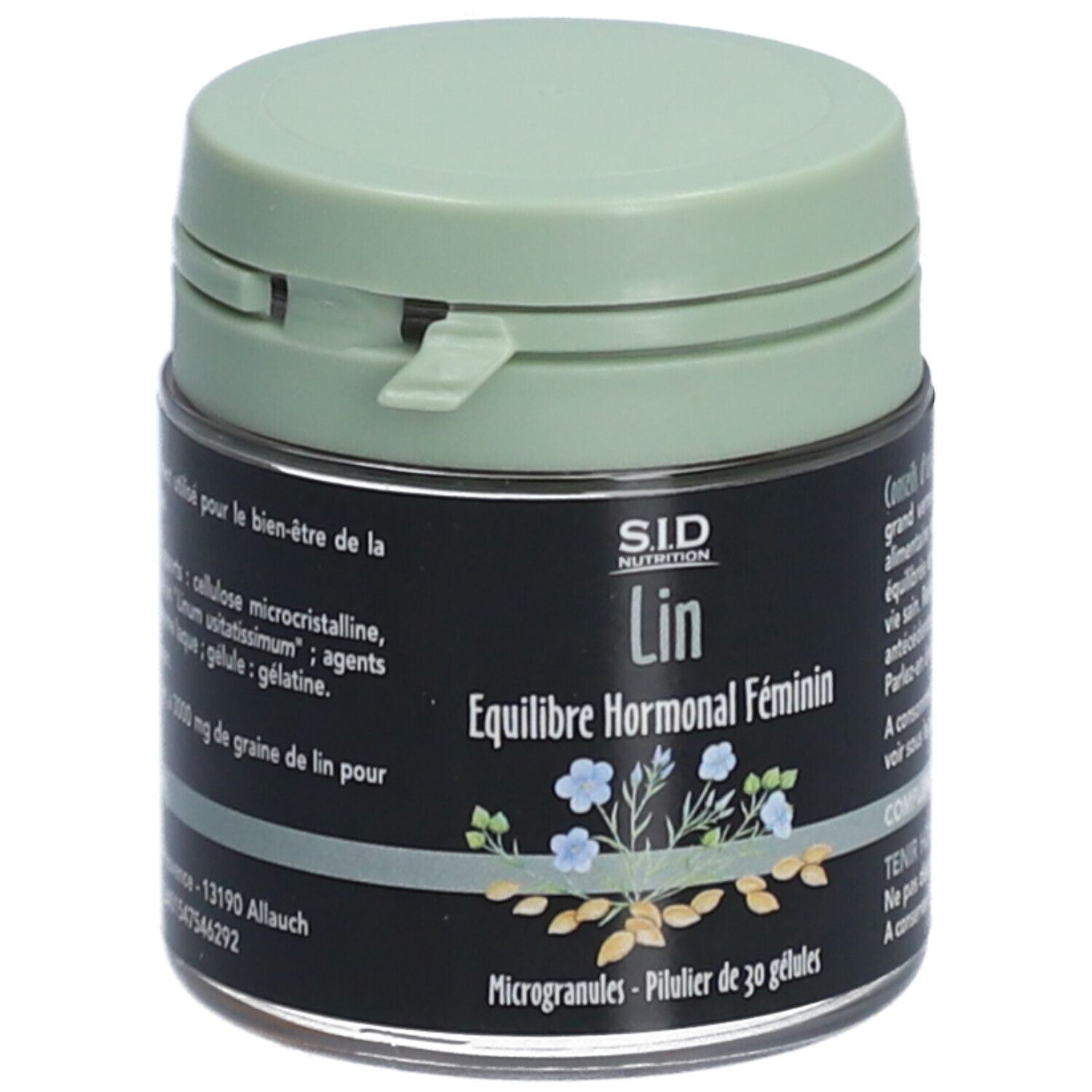 Dose mit grünem Deckel. Aufschrift: SID Nutrition, Lin, Équilibre Hormonal Féminin. 30 Mikrokapseln.