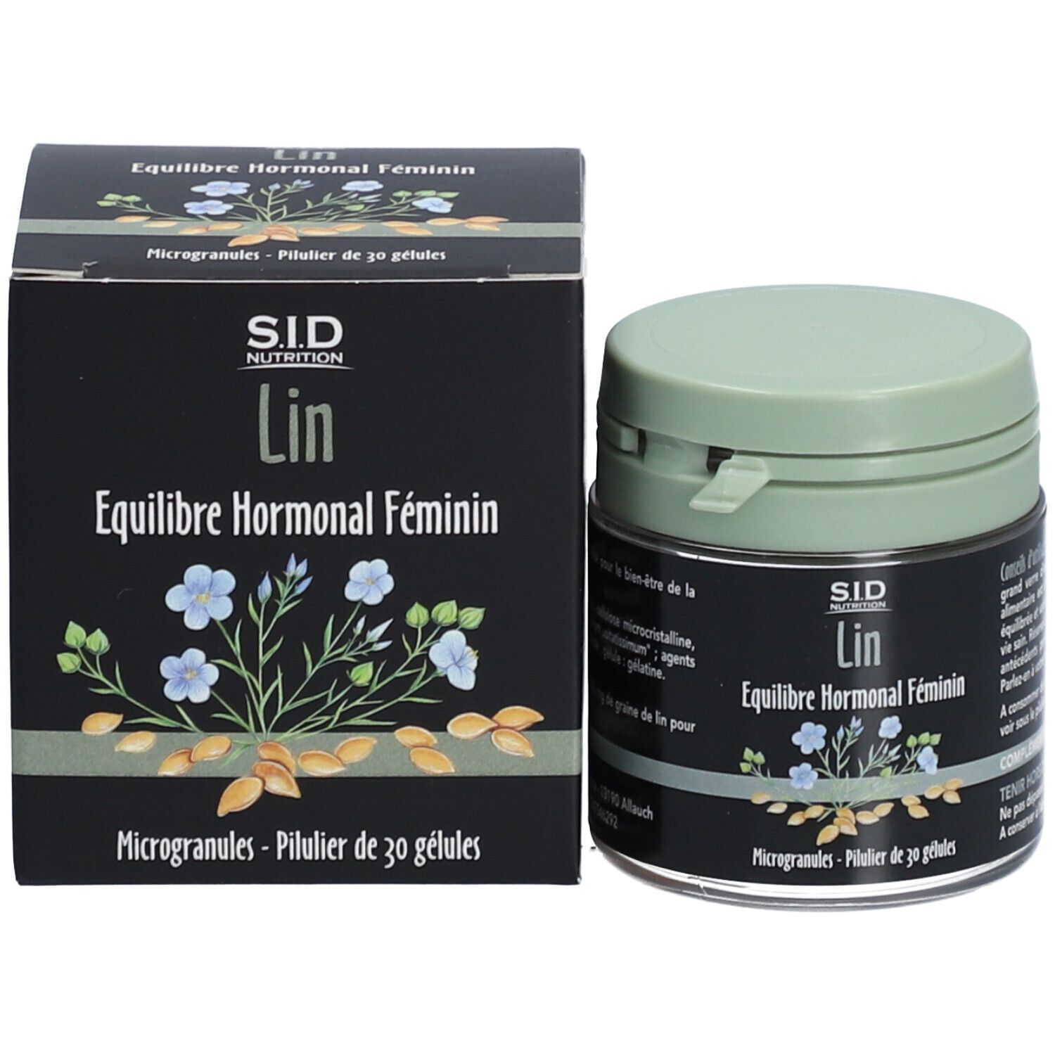 Dose und Schachtel. Aufschrift: SID Nutrition, Lin, Équilibre Hormonal Féminin. 30 Mikrokapseln.