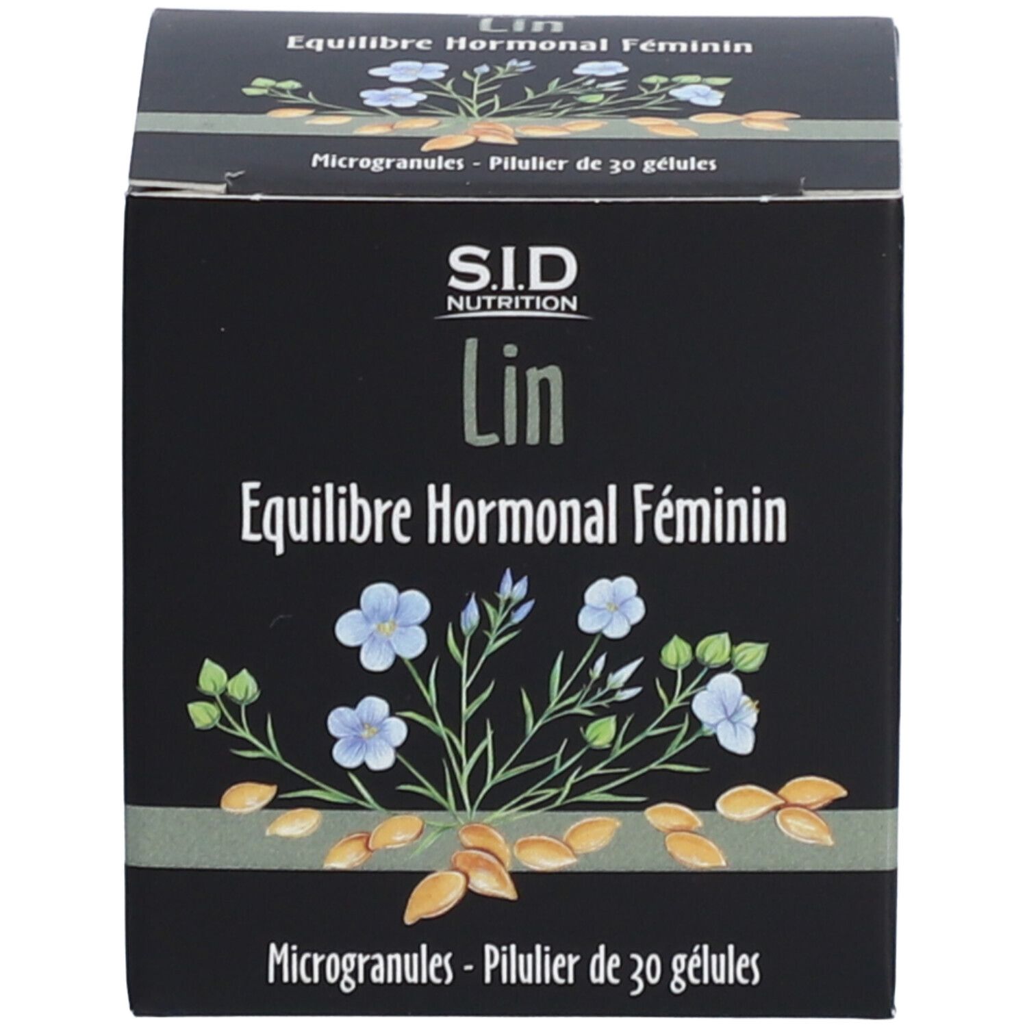 Schachtel. Aufschrift: SID Nutrition, Lin, Équilibre Hormonal Féminin. 30 Mikrokapseln.