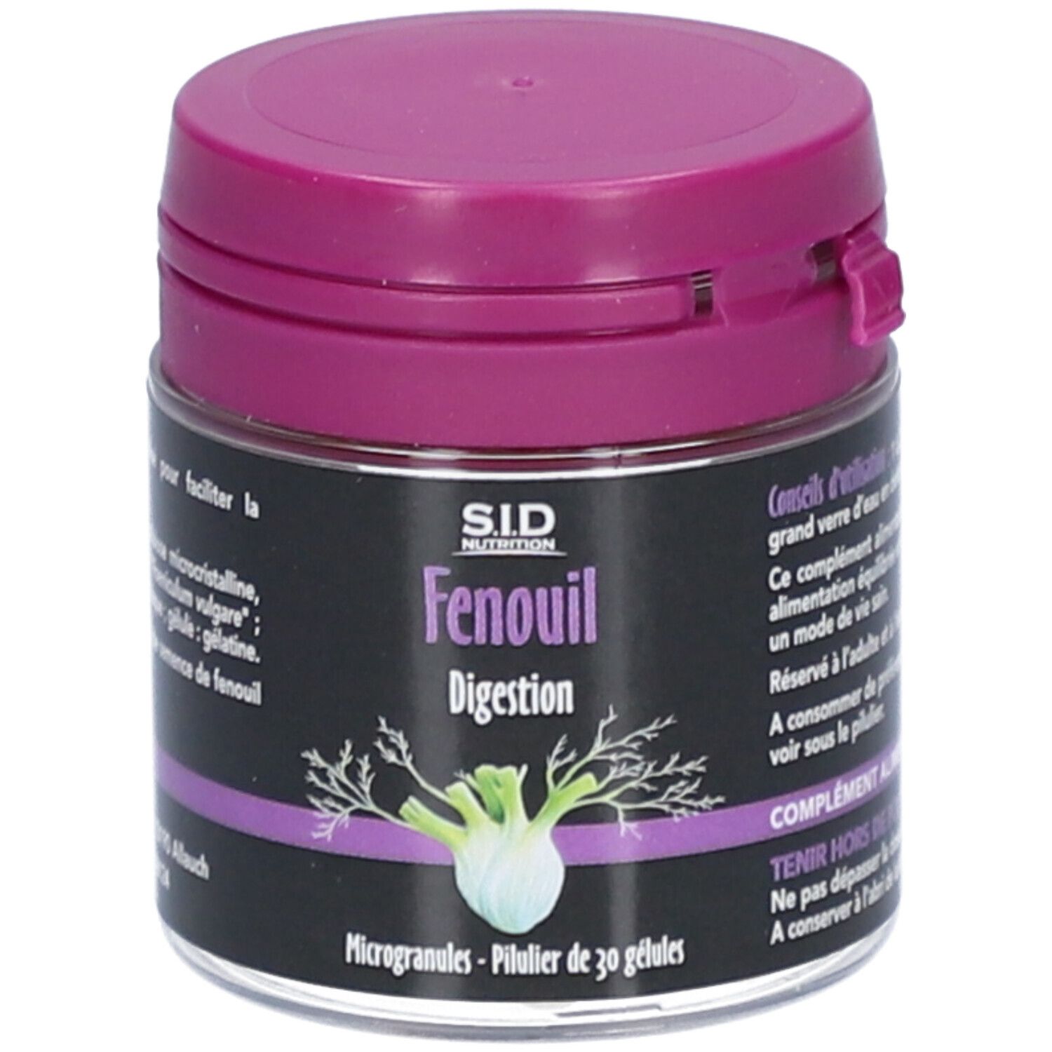 Boîte avec couvercle violet. Inscription: SID Nutrition, Fenouil, Digestion. Contient 30 gélules.