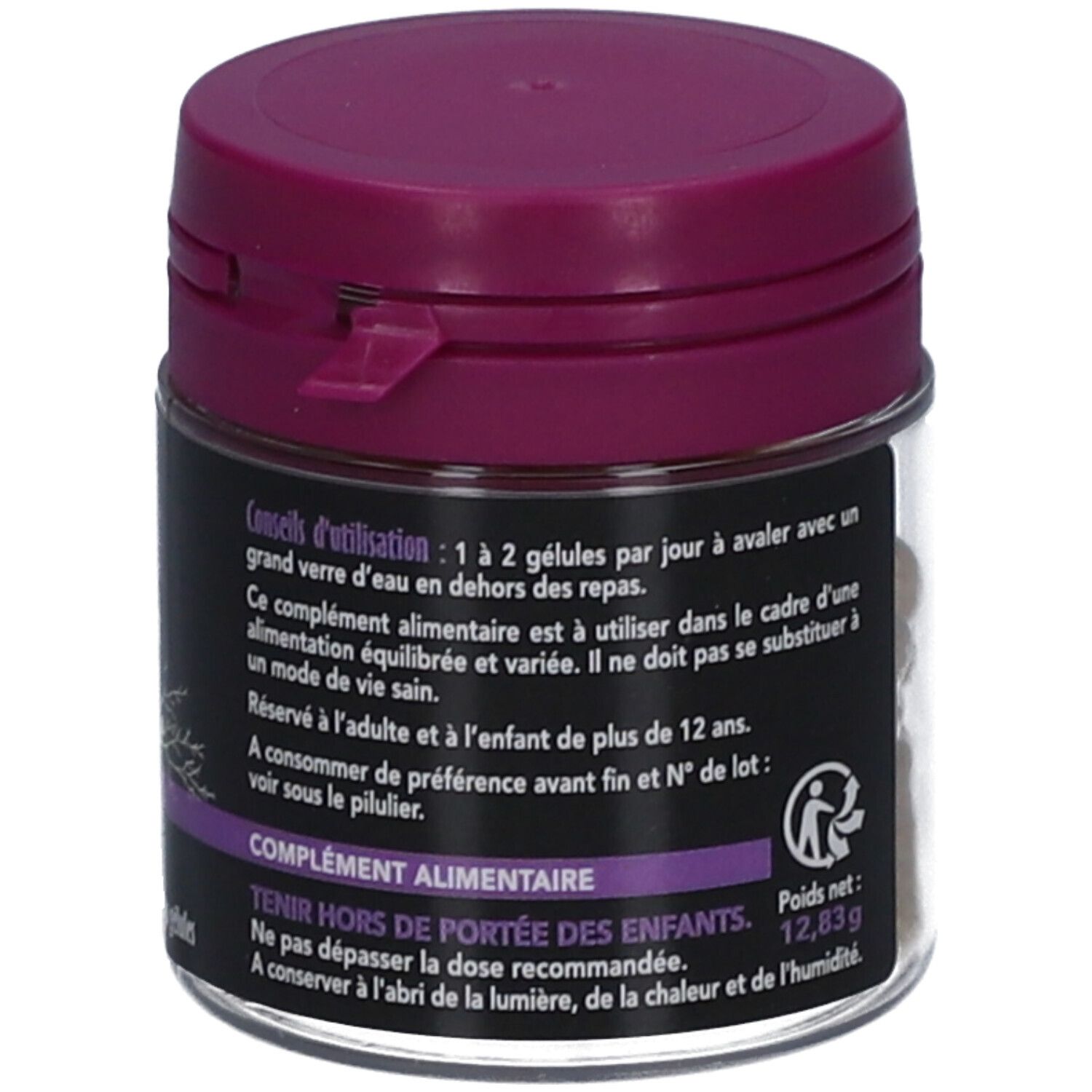 Boîte avec couvercle violet. Inscription: SID Nutrition, Fenouil, Digestion. Contient 30 gélules. Conseils d'utilisation.
