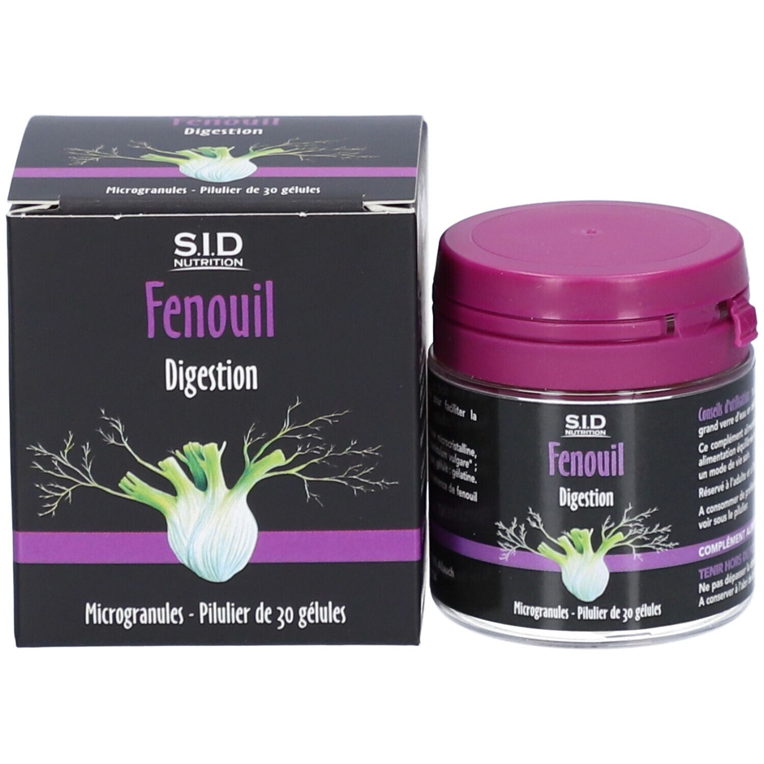 Emballage produit: boîte et flacon. Inscription: SID Nutrition, Fenouil, Digestion. Contient 30 gélules.