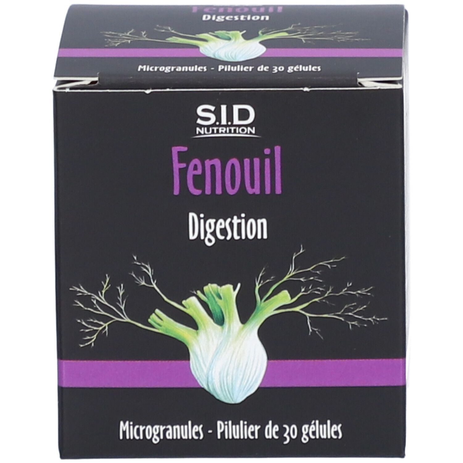 Boîte. Inscription: SID Nutrition, Fenouil, Digestion. Contient 30 gélules. Visuel produit.