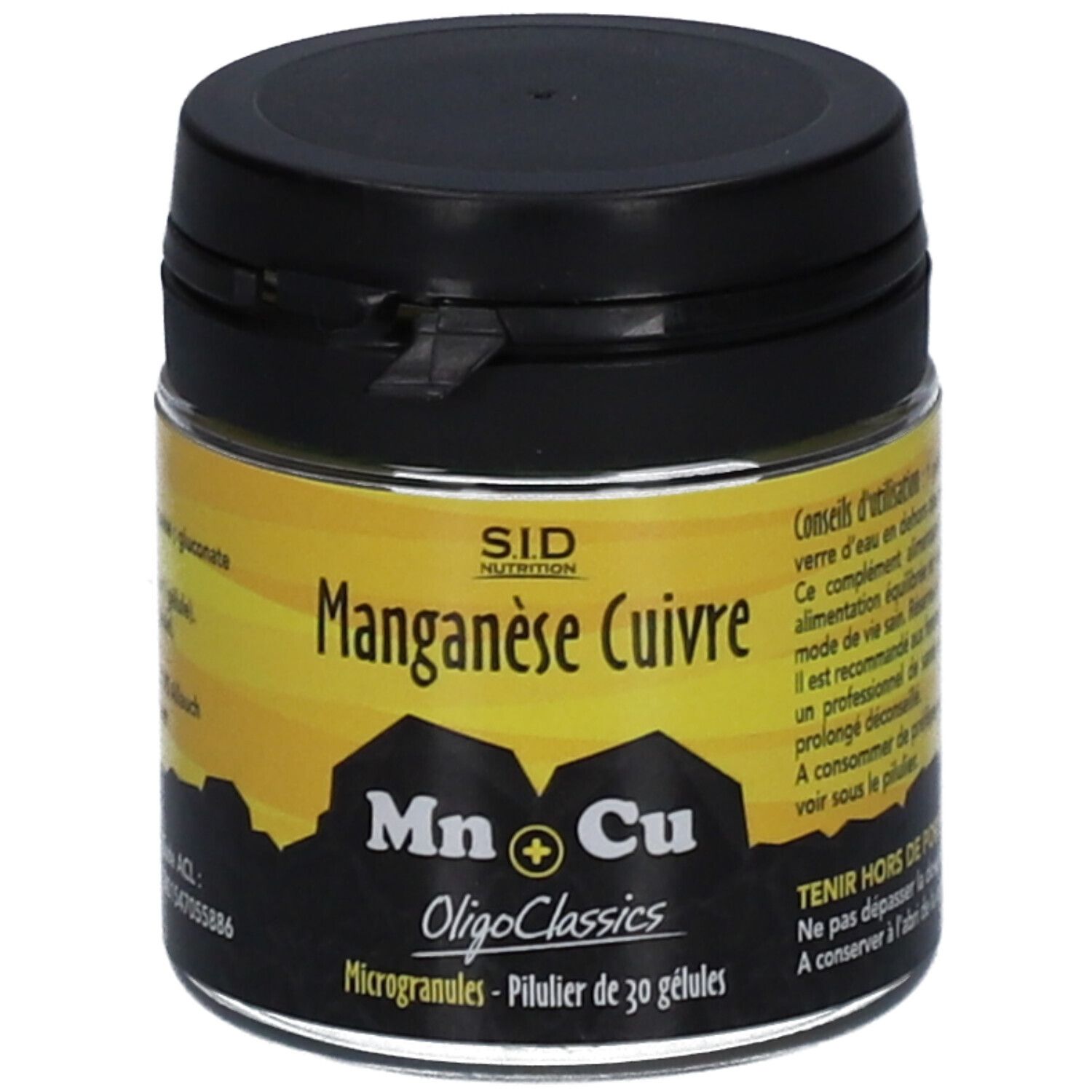 Pot en verre noir. Inscription: Manganèse Cuivre, Mn+Cu, OligoClassics. 30 gélules. SID Nutrition.