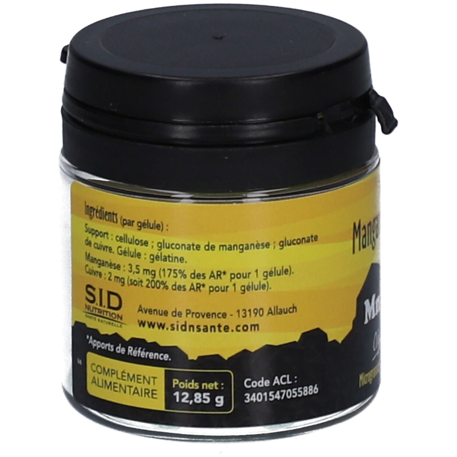 Pot en verre noir. Inscription: Ingrédients, 12,85 g, Code ACL. SID Nutrition. Adresse et site web.