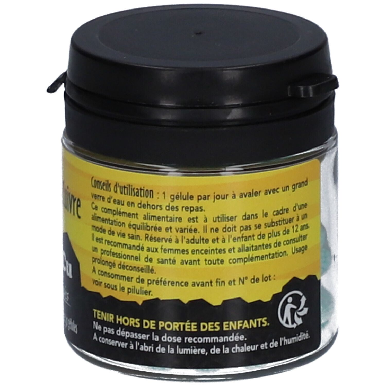 Pot en verre noir. Inscription: Conseils d'utilisation, tenir hors de portée des enfants. SID Nutrition. Complément alimentaire.