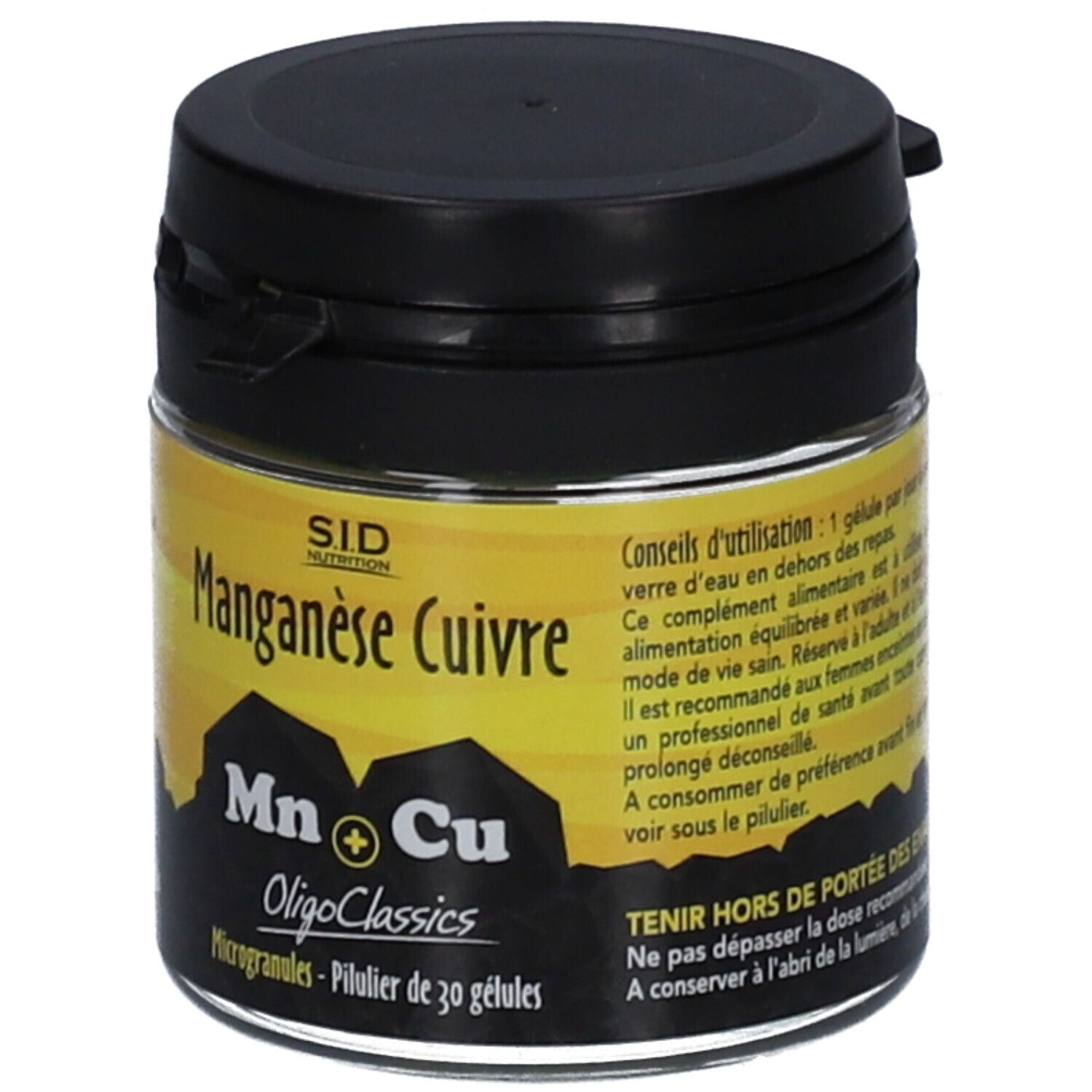 Pot en verre noir. Inscription: Manganèse Cuivre, Mn+Cu, OligoClassics. 30 gélules. SID Nutrition.
