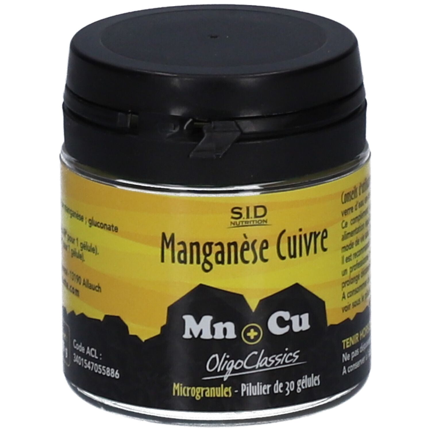 Pot en verre noir. Inscription: Manganèse Cuivre, Mn+Cu, OligoClassics. 30 gélules. SID Nutrition.