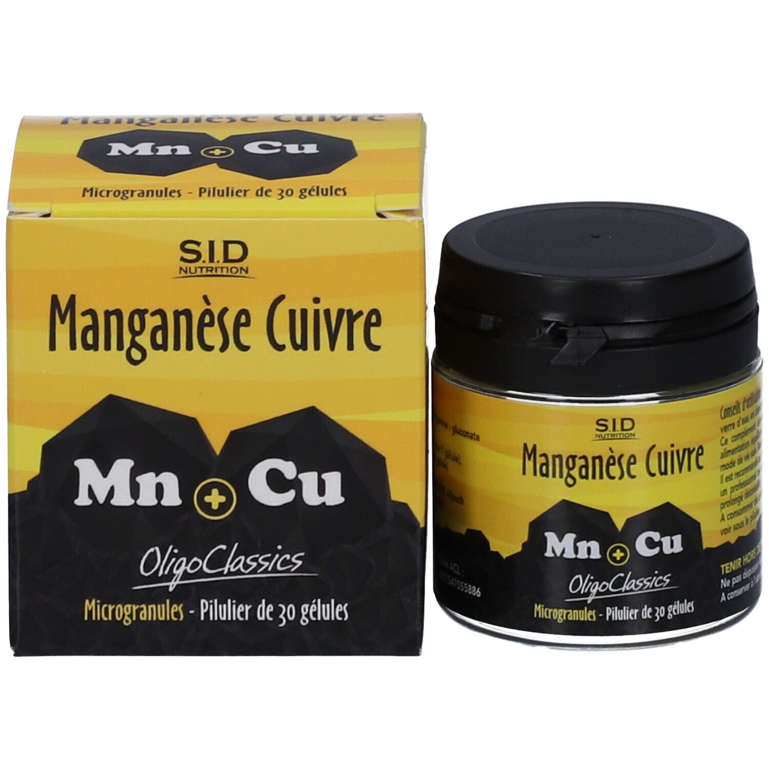 Emballage et pot en verre noir. Inscription: Manganèse Cuivre, Mn+Cu, OligoClassics. SID Nutrition.
