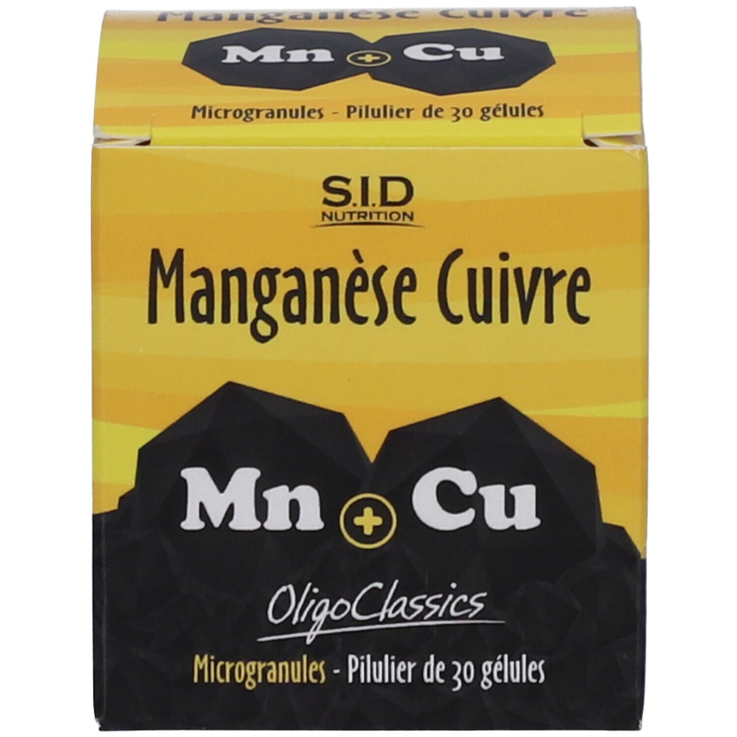 Emballage. Inscription: Manganèse Cuivre, Mn+Cu, OligoClassics. 30 gélules. SID Nutrition.
