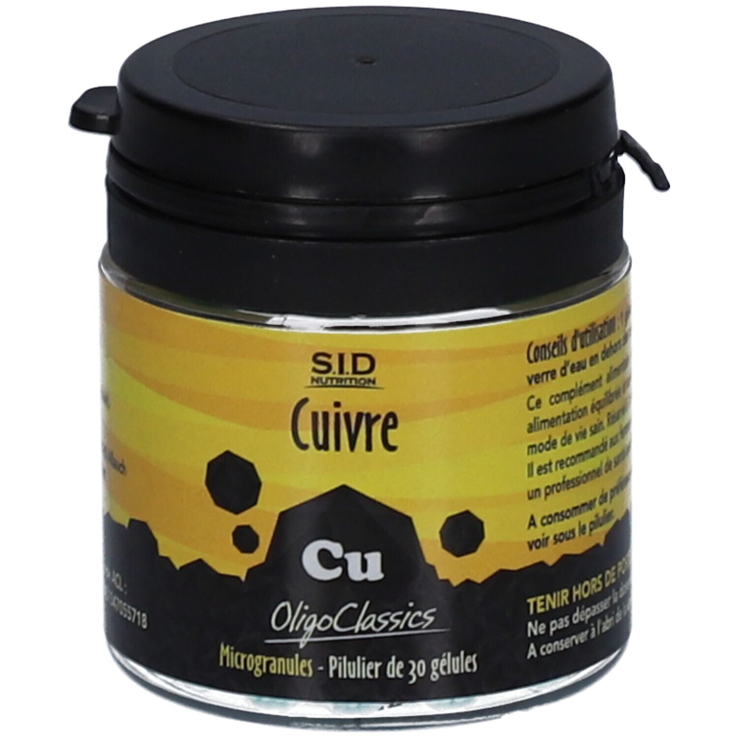 Flacon en verre marron avec couvercle noir. Inscription "Cuivre" et "OligoClassics".