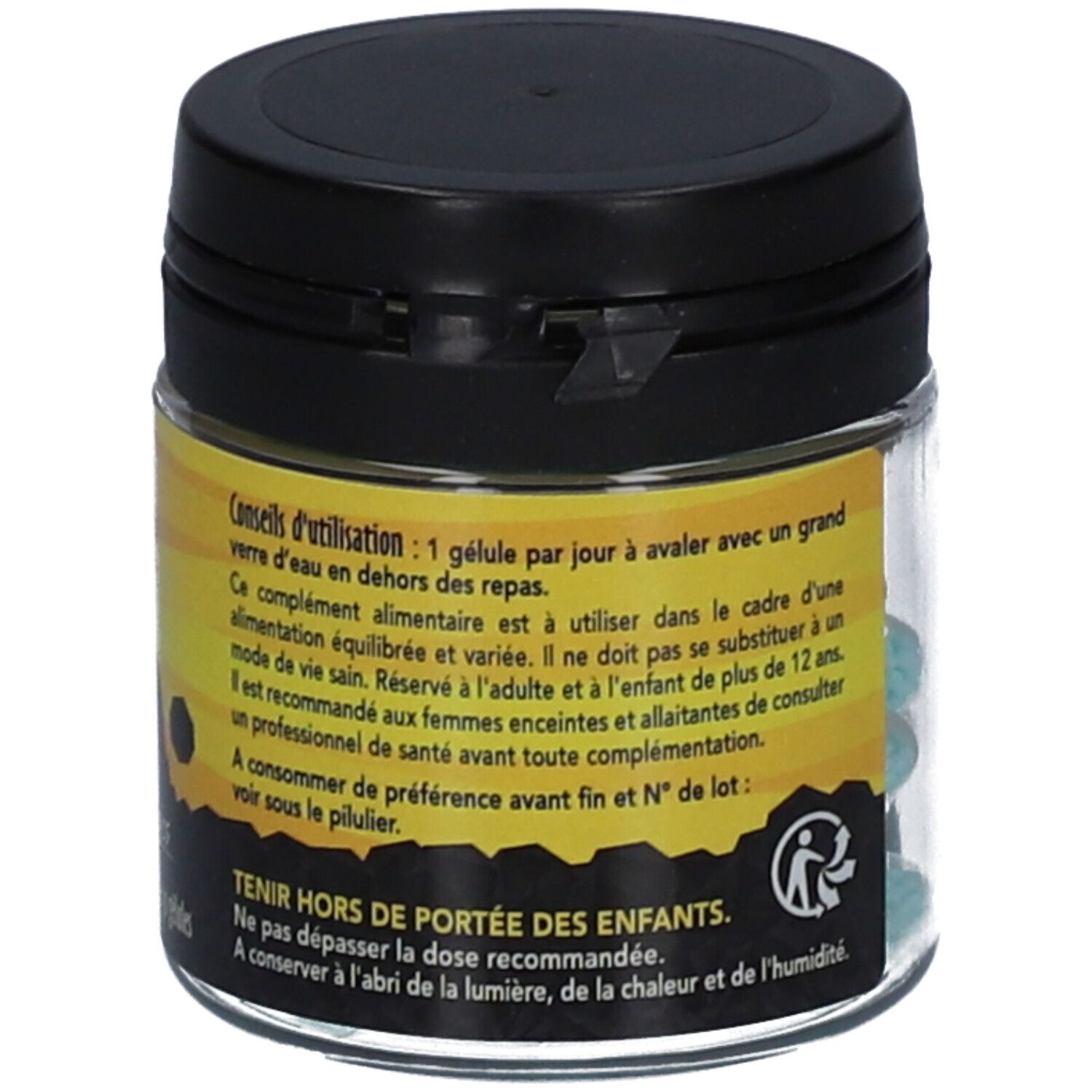 Flacon en verre marron avec couvercle noir. Inscription "Cuivre" et conseils d'utilisation.