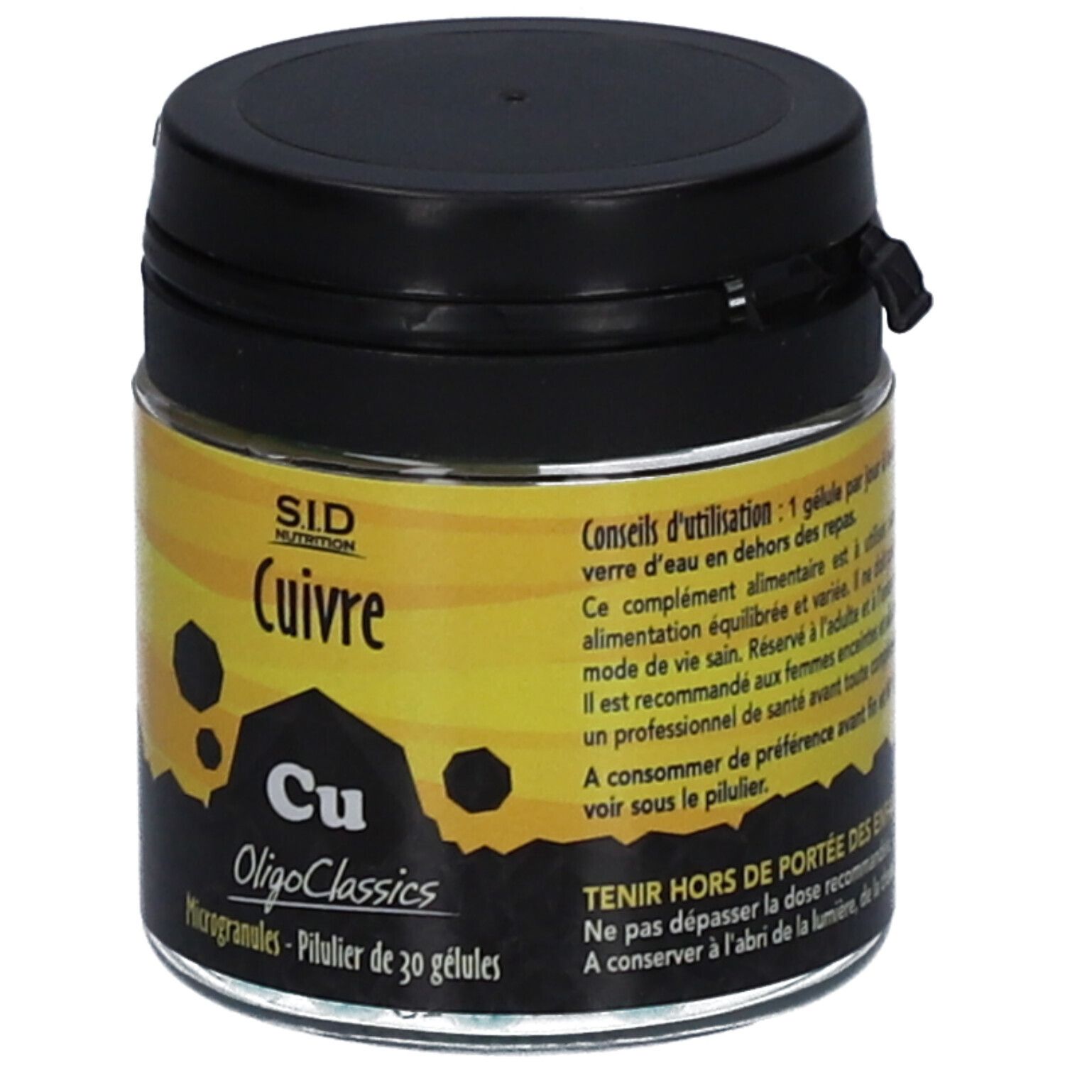 Flacon en verre marron avec couvercle noir. Inscription "Cuivre" et "OligoClassics".