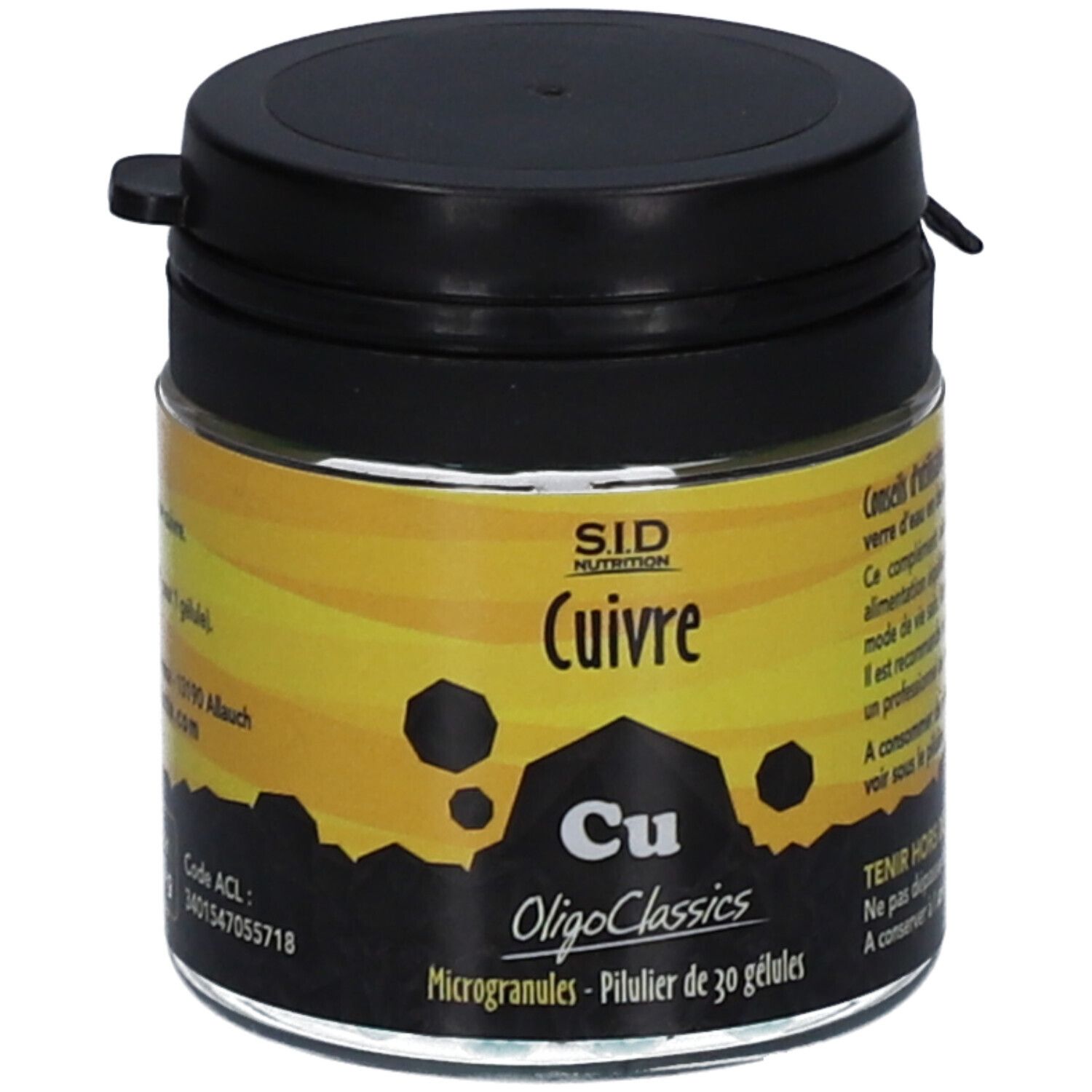 Flacon en verre marron avec couvercle noir. Inscription "Cuivre" et "OligoClassics".