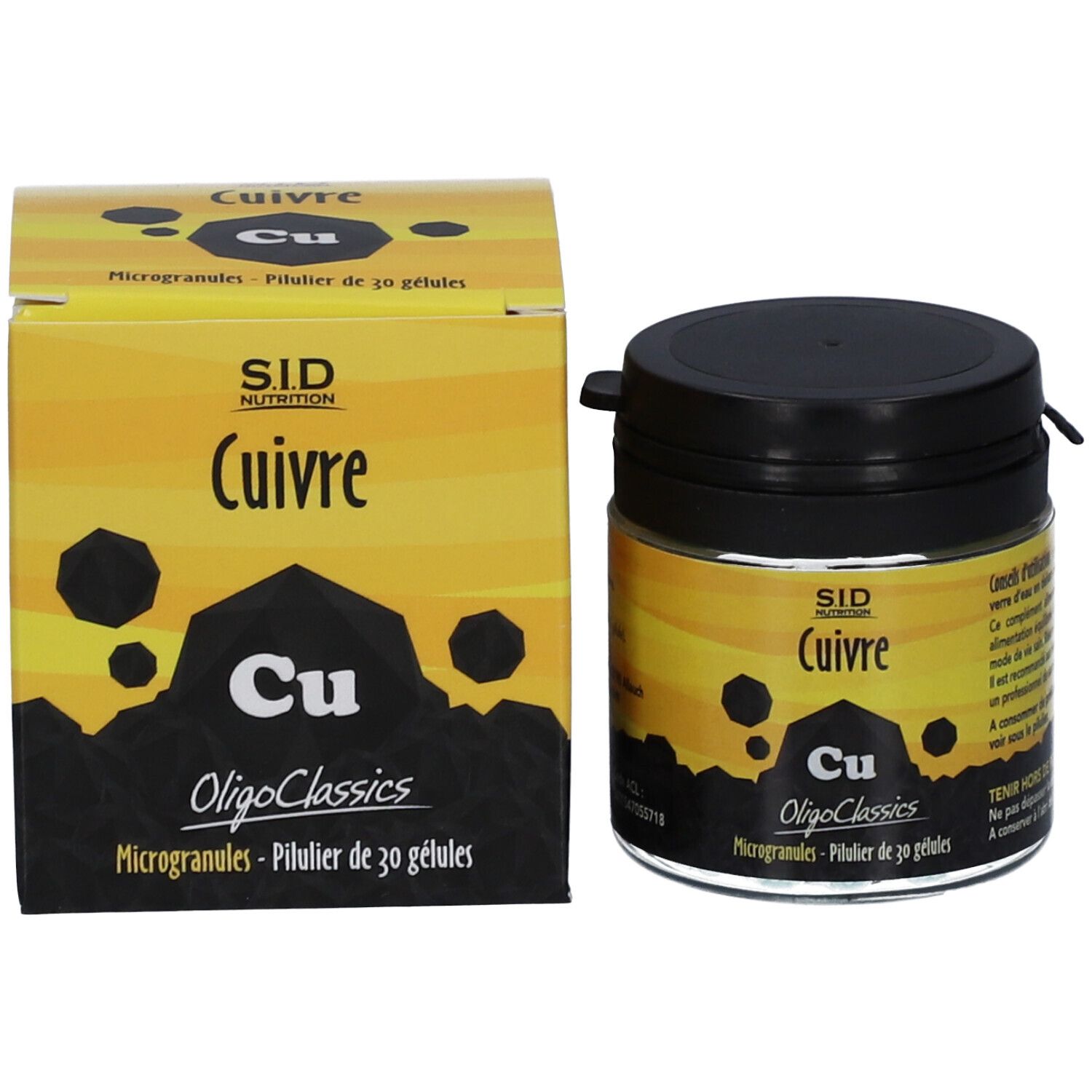 Emballage du produit avec flacon et boîte. Inscription "Cuivre" et "OligoClassics".
