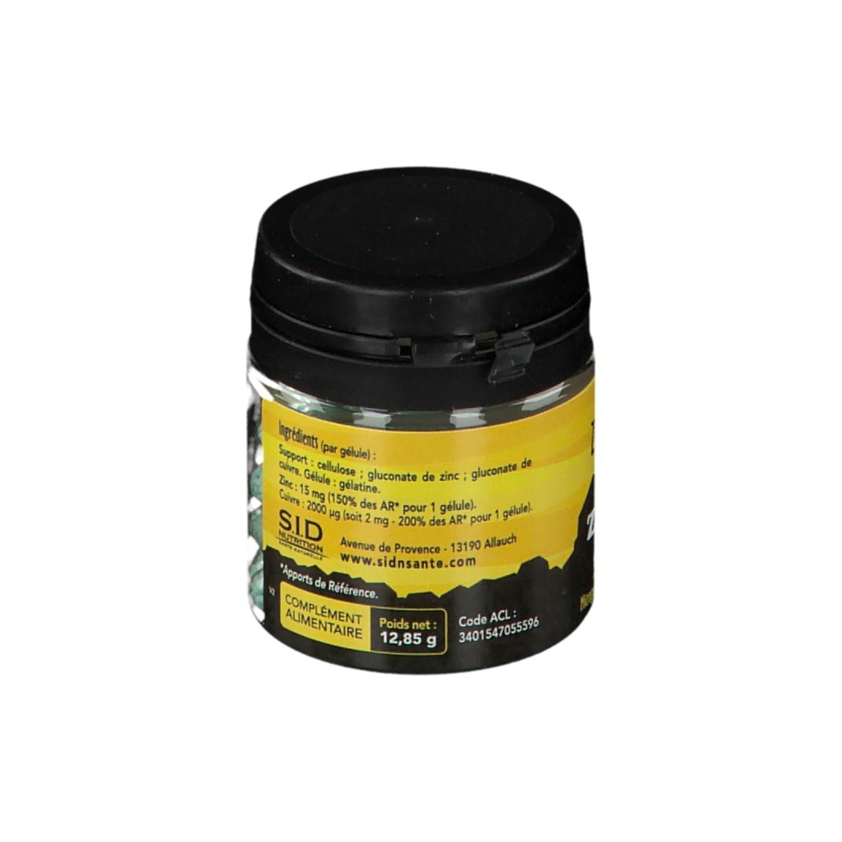 Vue arrière du flacon avec informations produit. Couvercle noir. Étiquette jaune avec ingrédients.