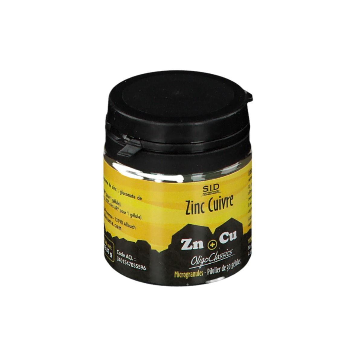 Flacon noir. Étiquette jaune avec informations produit. Inscription: SID Zinc Cuivre. Microgranules.