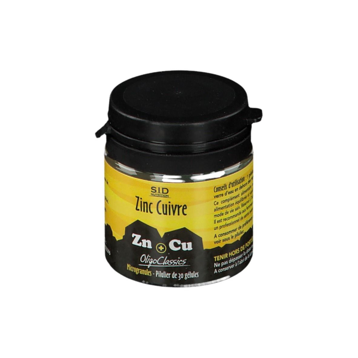 Flacon noir. Étiquette jaune avec informations produit. Inscription: SID Zinc Cuivre. Microgranules.
