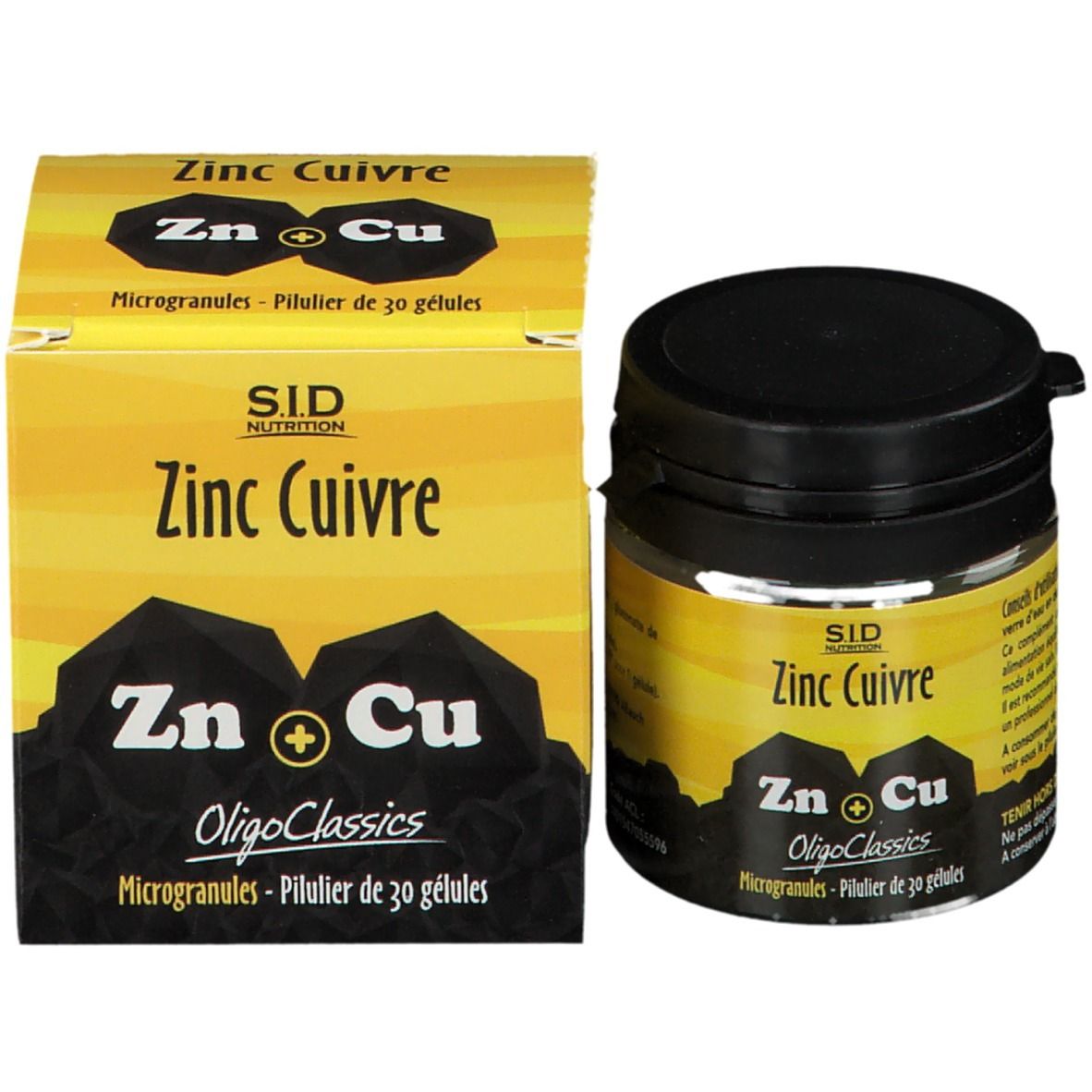 Emballage et flacon. Inscription: SID Zinc Cuivre. Emballage jaune avec couvercle noir.