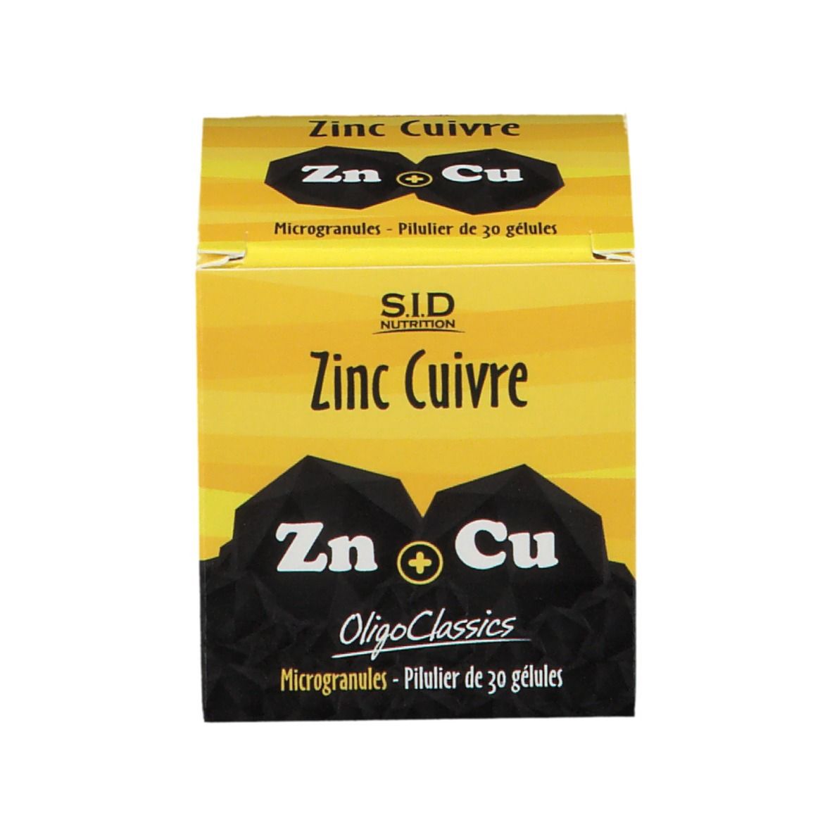Emballage produit. Inscription: SID Zinc Cuivre. Emballage jaune avec informations.