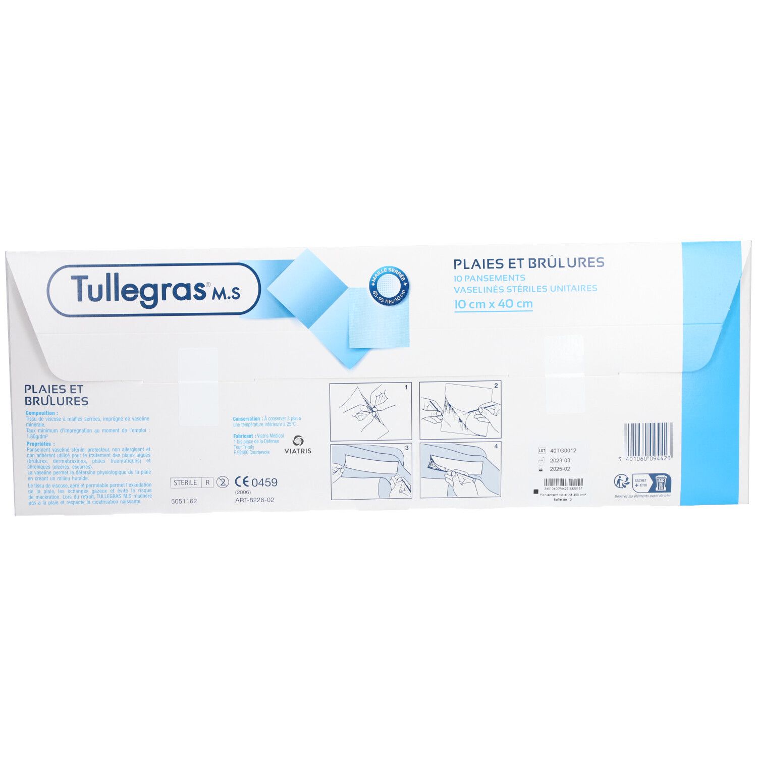 Emballage Tullegras M.S., texte, illustrations. 10 cm x 40 cm. Logo Viatris. Instructions.