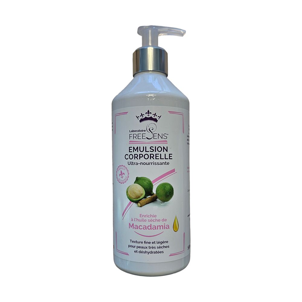 Flacon blanc avec pompe. Inscription: Freesens, Emulsion Corporelle, Ultra-Nourrissante. Illustration de macadamia.