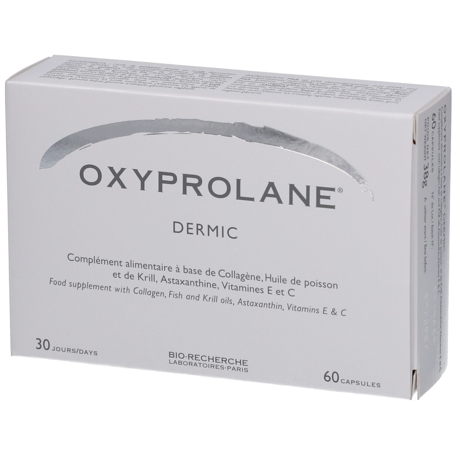 Boîte blanche avec logo "Oxyprolane Dermic". Contient 60 capsules. Texte en français et anglais.
