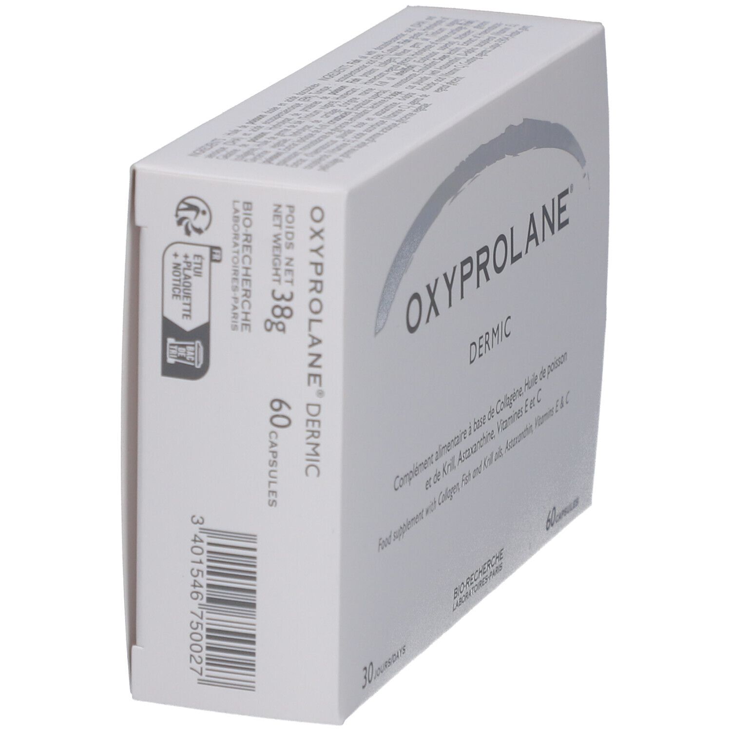 Boîte "Oxyprolane Dermic" en biais. Contient 60 capsules. Texte en français et anglais. Poids : 38g.