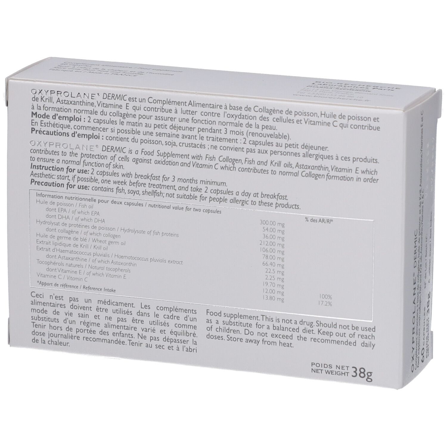 Dos de la boîte "Oxyprolane Dermic". Contient des informations sur les ingrédients et l'utilisation. Poids : 38g.