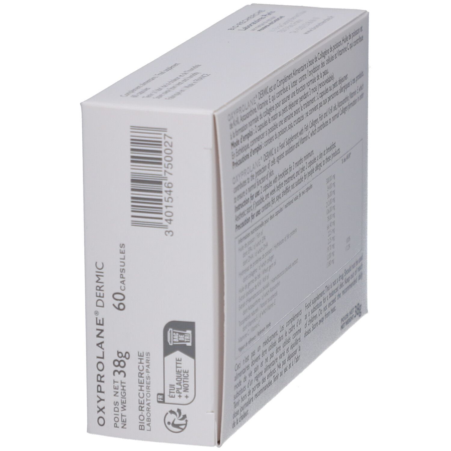 Boîte "Oxyprolane Dermic" en biais. Contient 60 capsules. Poids : 38g. Code-barres et logo.