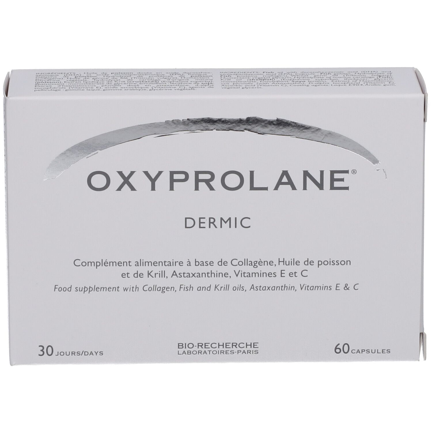 Boîte blanche avec logo "Oxyprolane Dermic". Contient 60 capsules. Texte en français et anglais.