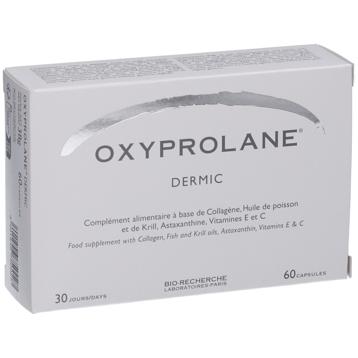 Boîte blanche avec logo "Oxyprolane Dermic". Contient 60 capsules. Texte en français et anglais.