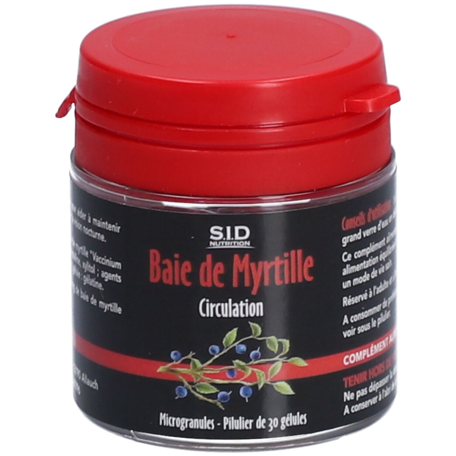 Pot transparent, couvercle rouge. Inscription: S.I.D Nutrition, Baie de Myrtille Circulation. Illustration de myrtilles.