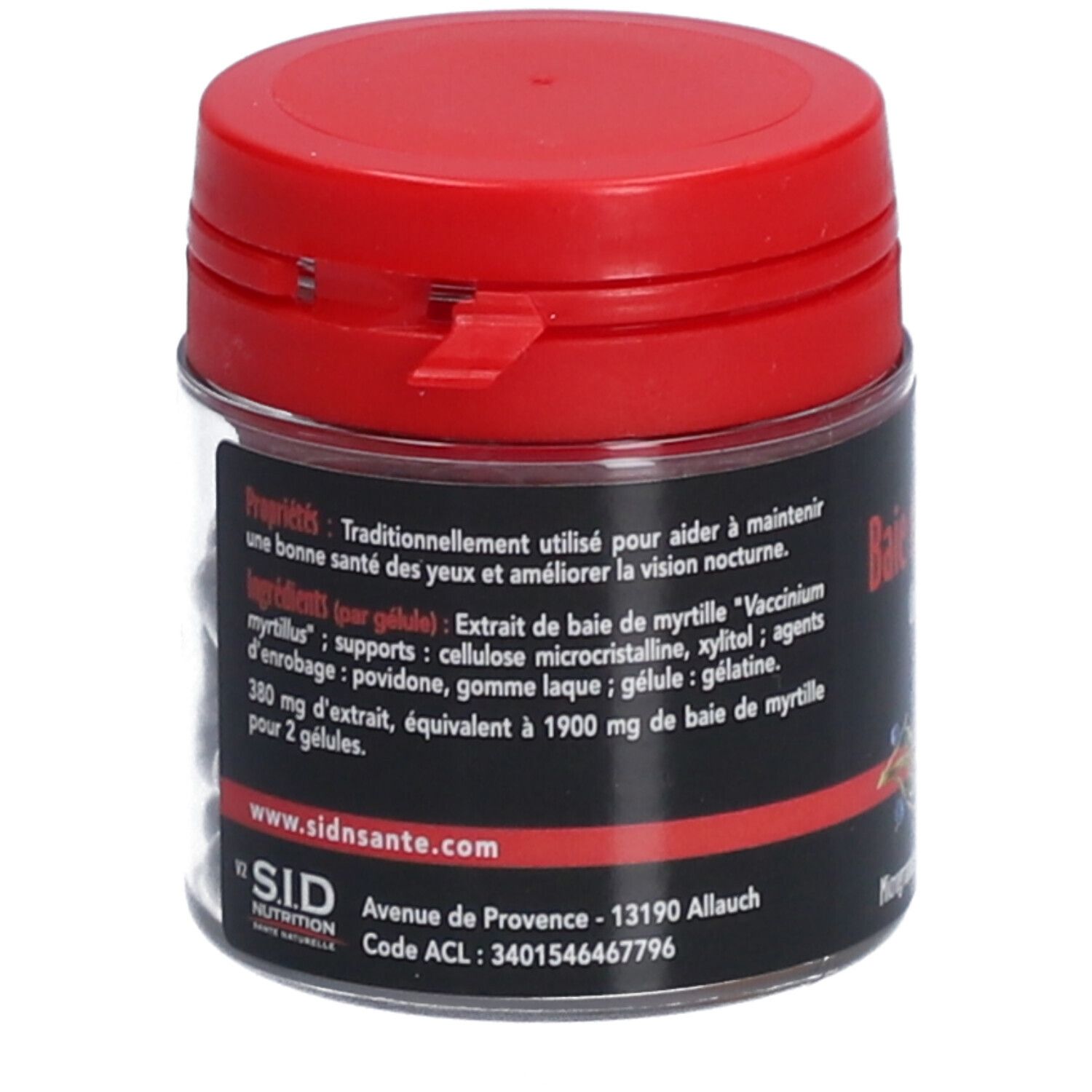 Pot transparent, couvercle rouge. Inscription: S.I.D Nutrition. Texte sur ingrédients et propriétés. Adresse et code.