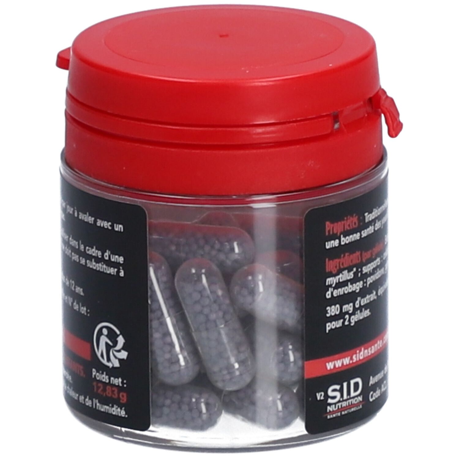 Pot transparent, couvercle rouge. Gélules avec billes bleues visibles. Inscription: S.I.D Nutrition. Texte sur ingrédients.
