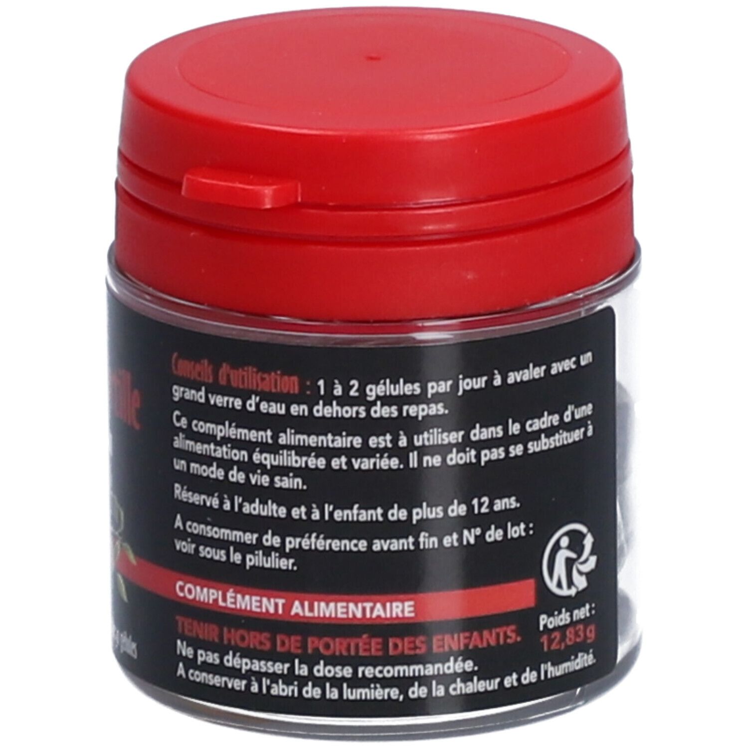 Pot transparent, couvercle rouge. Texte sur l'utilisation et les avertissements. Poids: 12,83g. Logo.