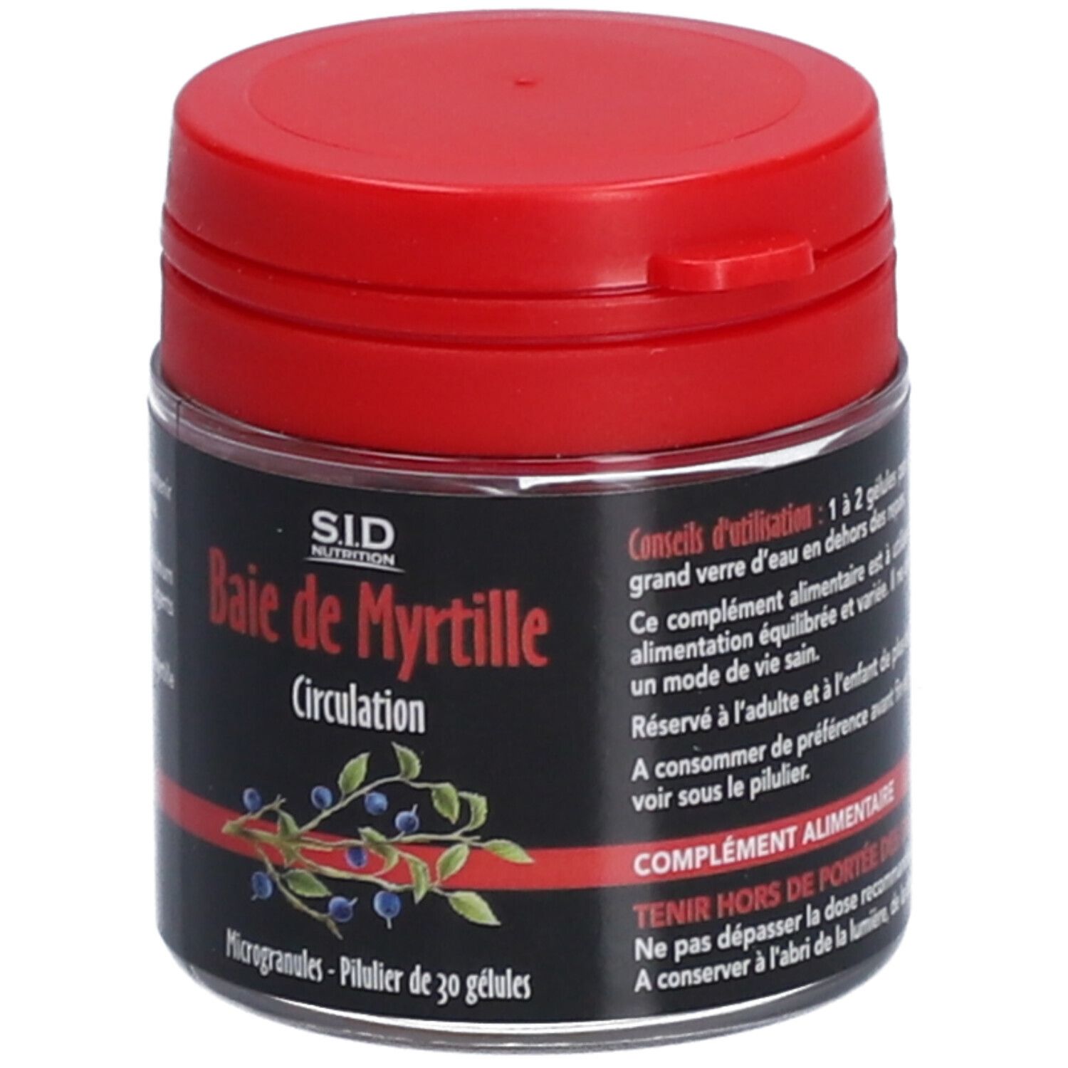 Pot transparent, couvercle rouge. Inscription: S.I.D Nutrition, Baie de Myrtille Circulation. Illustration de myrtilles.