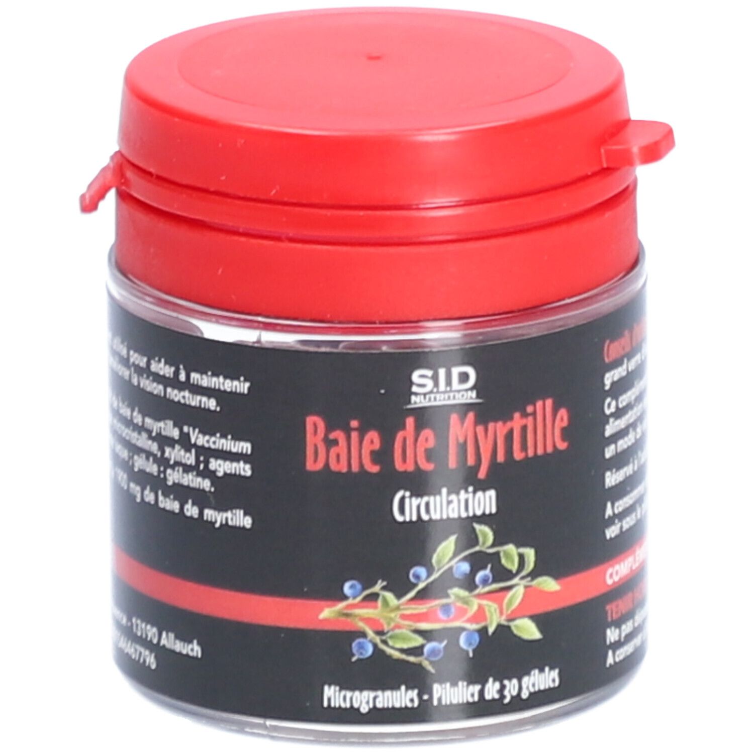 Pot transparent, couvercle rouge. Inscription: S.I.D Nutrition, Baie de Myrtille Circulation. Illustration de myrtilles.