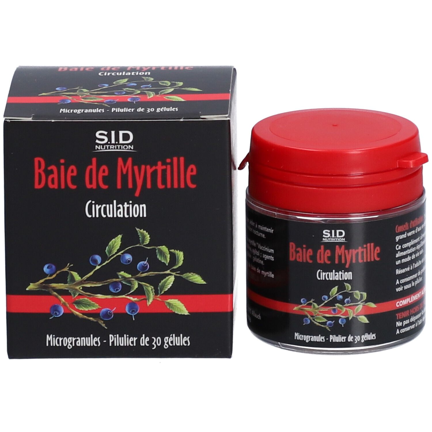 Emballage du produit: pot avec couvercle rouge et boîte. Inscription: S.I.D Nutrition, Baie de Myrtille Circulation. Illustration de myrtilles.