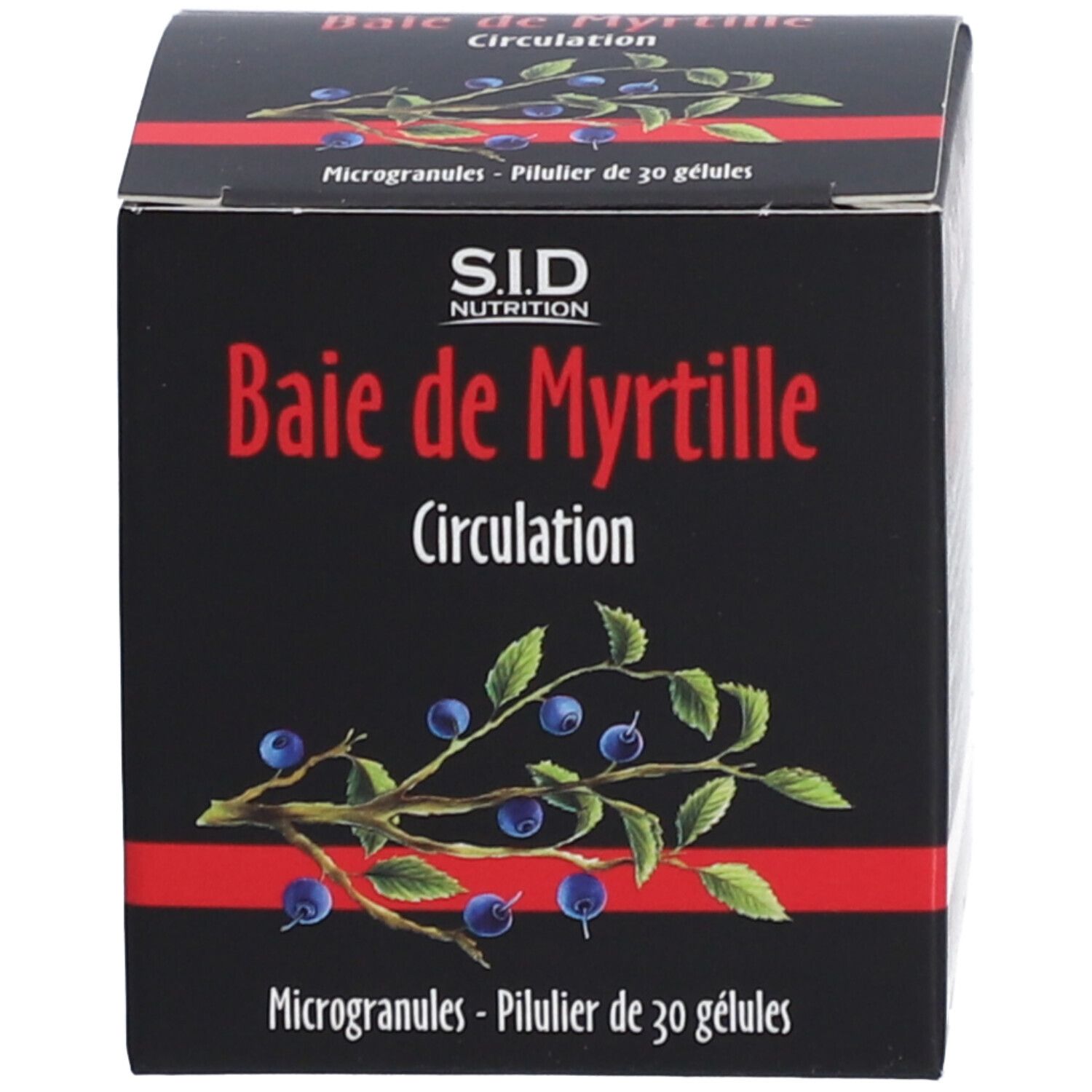 Boîte avec inscription: S.I.D Nutrition, Baie de Myrtille Circulation. Illustration de myrtilles. Microcapsules.