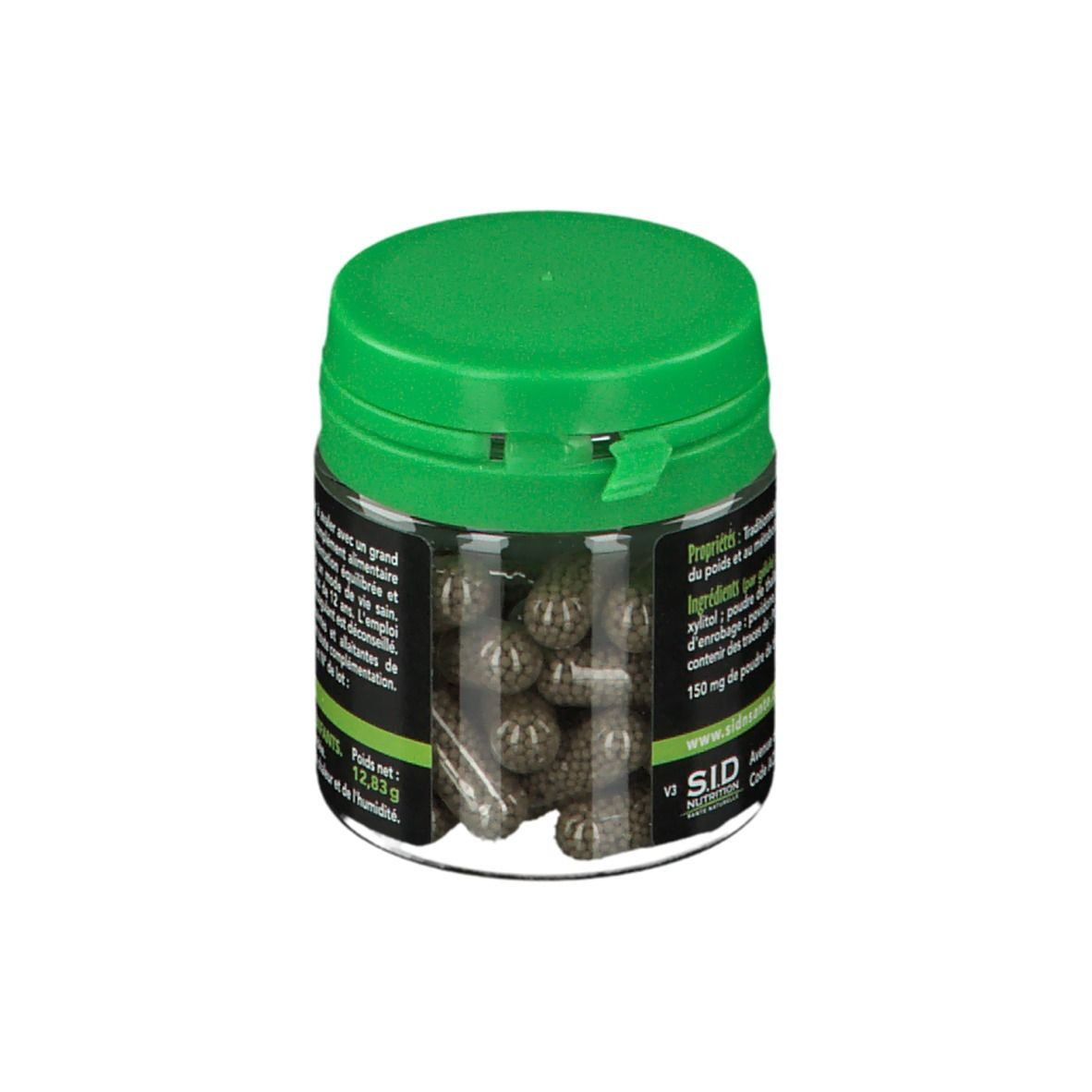 Flacon transparent avec couvercle vert. Contient des gélules. Inscription: SID Fucus. 30 gélules.