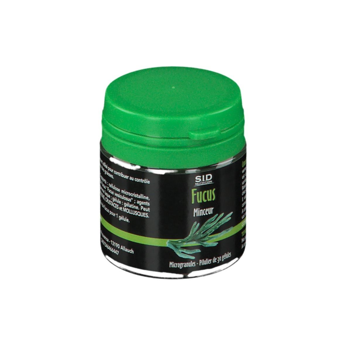 Flacon vert avec couvercle vert. Inscription: SID Fucus Minceur. Contient 30 gélules.