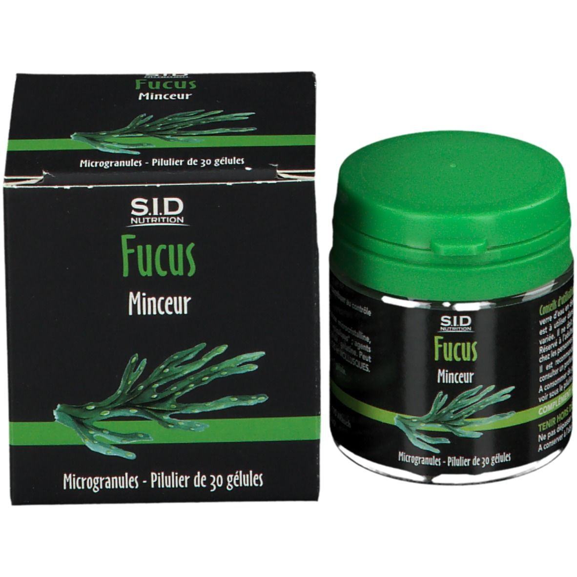 Boîte noire et flacon vert. Inscription: SID Nutrition Fucus Minceur. Contient 30 gélules.