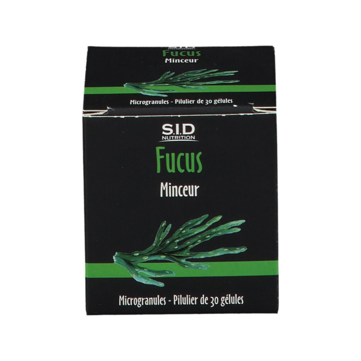 Boîte noire. Inscription: SID Nutrition Fucus Minceur. Contient 30 gélules.