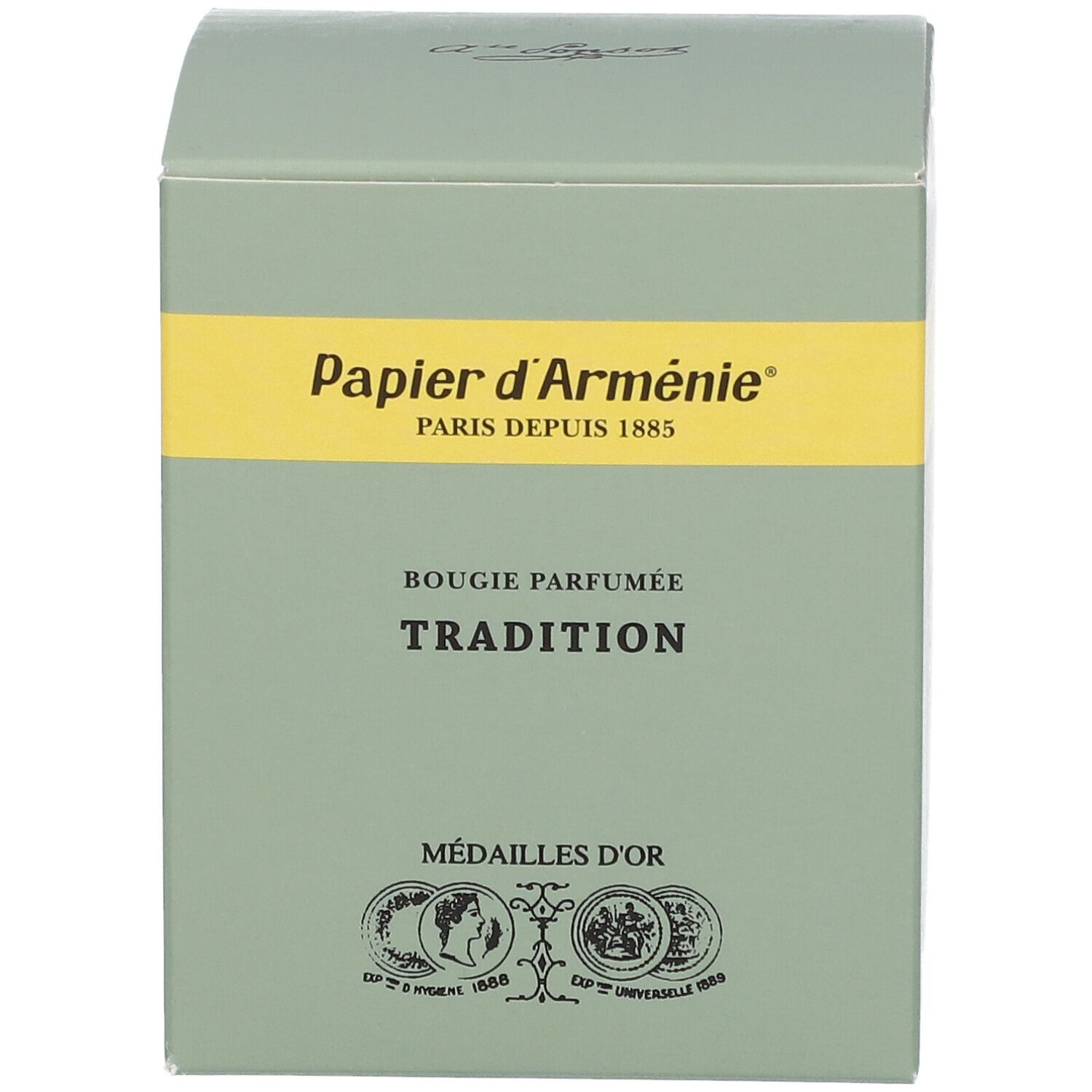 Grüne Schachtel mit gelbem Streifen. Aufschrift: Papier d'Arménie, Bougie Parfumée Tradition, Medailles d'Or. Text in Französisch.
