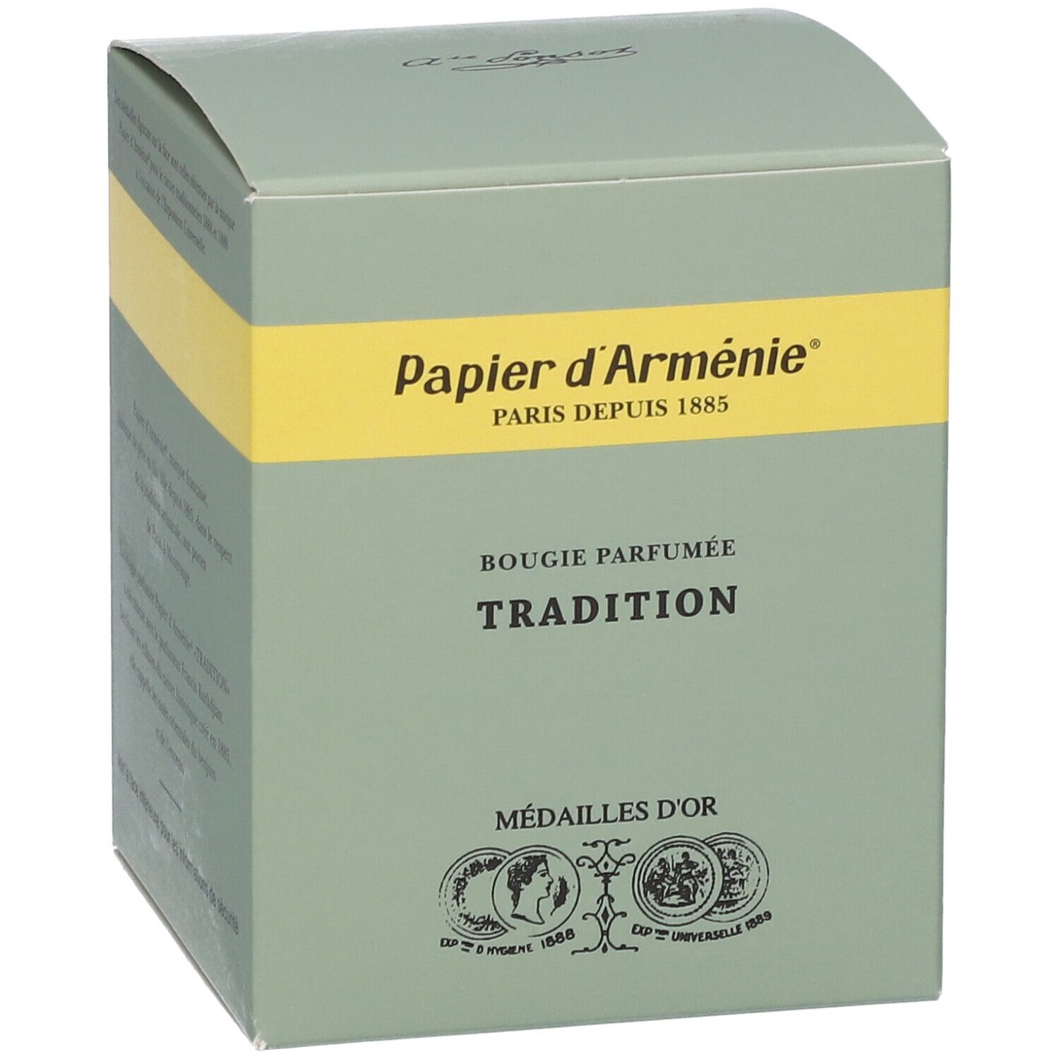Grüne Schachtel mit gelbem Streifen. Aufschrift: Papier d'Arménie, Bougie Parfumée Tradition, Medailles d'Or. Text in Französisch.