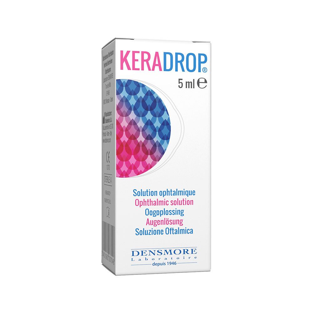 Emballage de Keradrop, 5 ml. Solution ophtalmique. Inscription : Keradrop, 5 ml.
