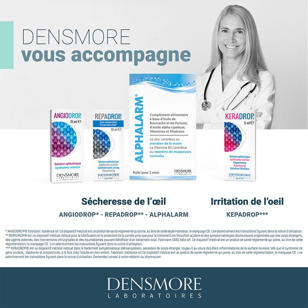 Publicité pour différents produits. Keradrop, Angiodrop, Repadrop, Alphalarm. Médecin.